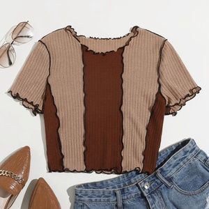 Brown/Tan Lettuce Trim Colorblock Tee